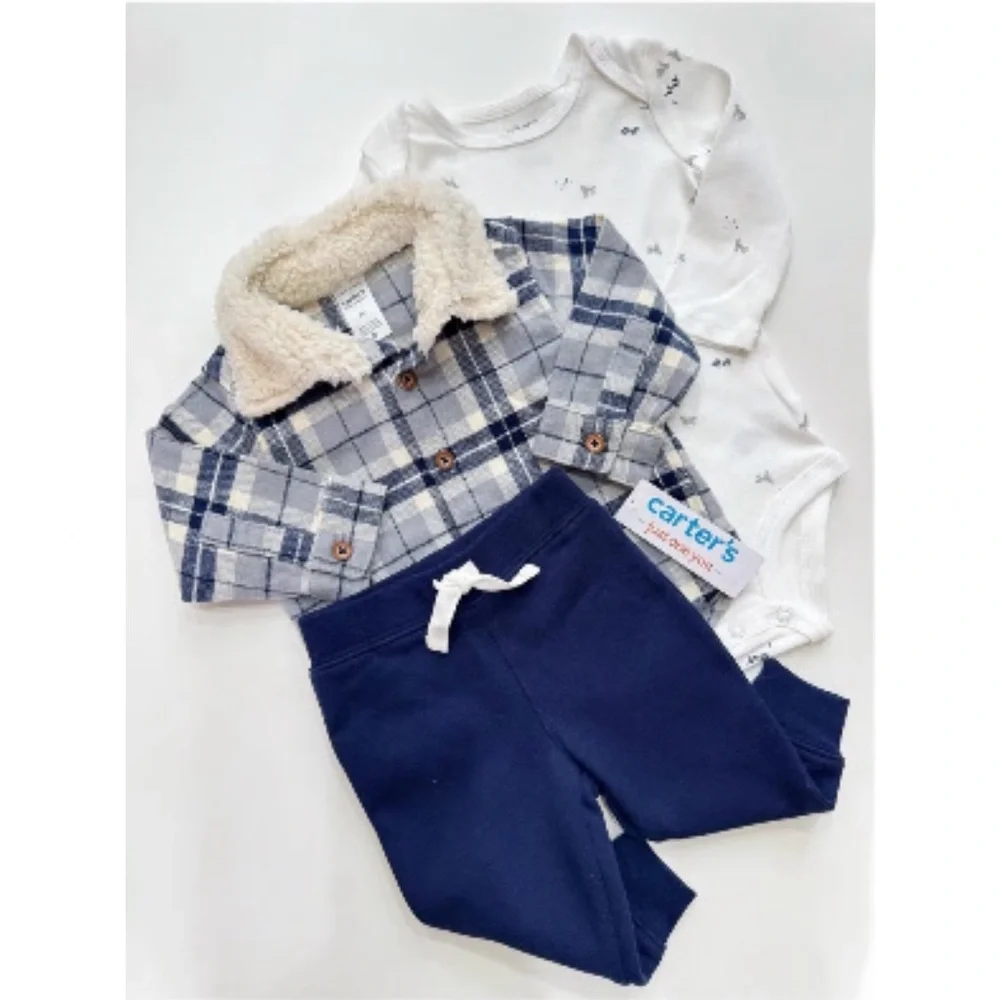 Carter's Plaid Jacket Sherpa Collar, Wolf Mountain Onesie and Navy Pants Set